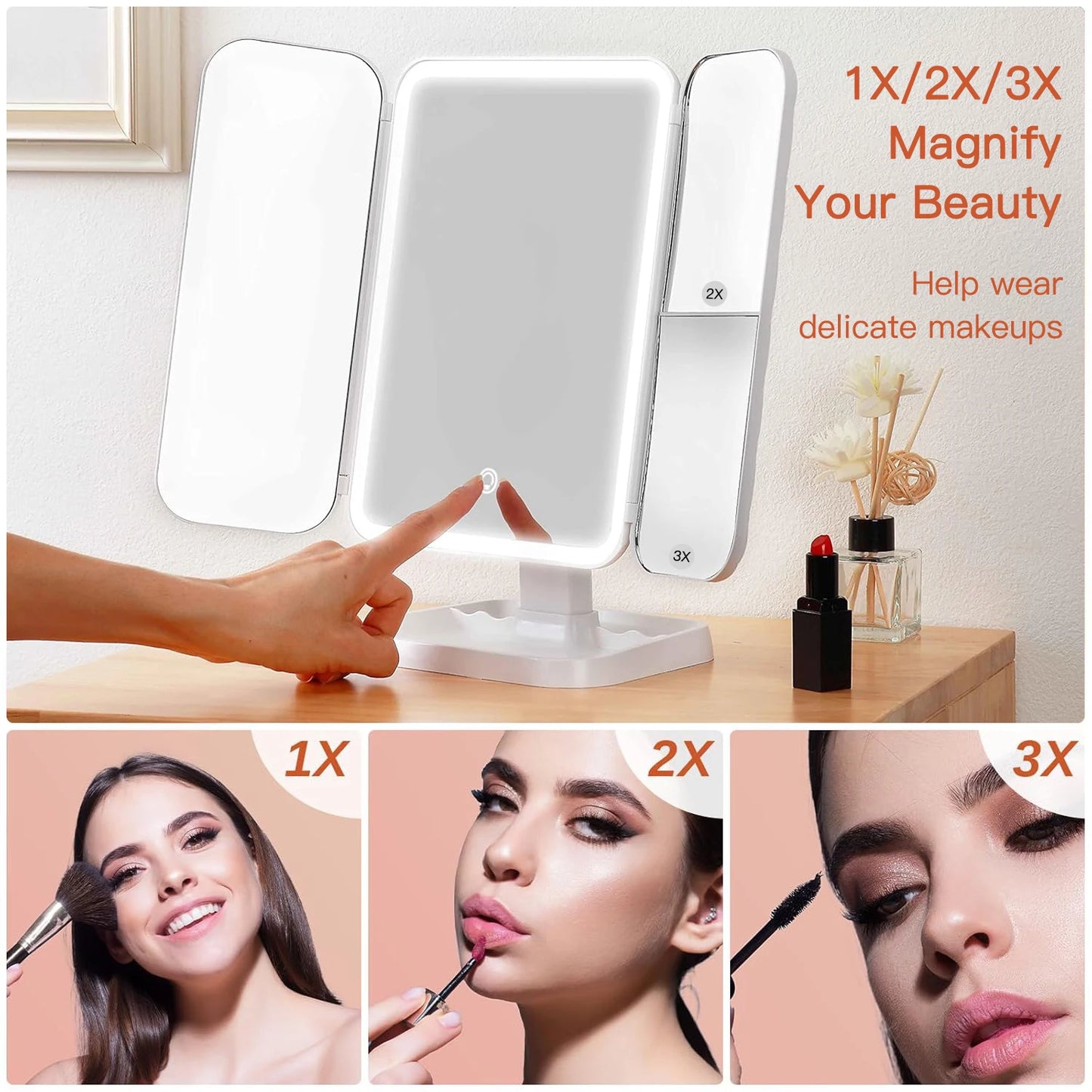 GLOWUP Trifold Vanity Mirror W/ LED Lights and Magnification 